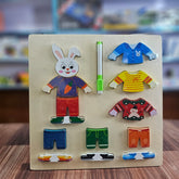 Wooden Bunny Dress-Up Puzzle Toy for Kids – Montessori Outfit Matching Board with Magnetic Clothes & Marker | Educational Animal Dress-Up Game for Toddlers Ages 3+