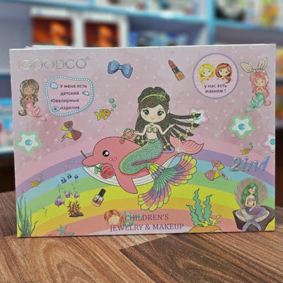 Kids Mermaid Makeup & Jewelry Box Set - 2-in-1 Pretend Play Beauty Kit for Girls with Non-Toxic Makeup & Accessories