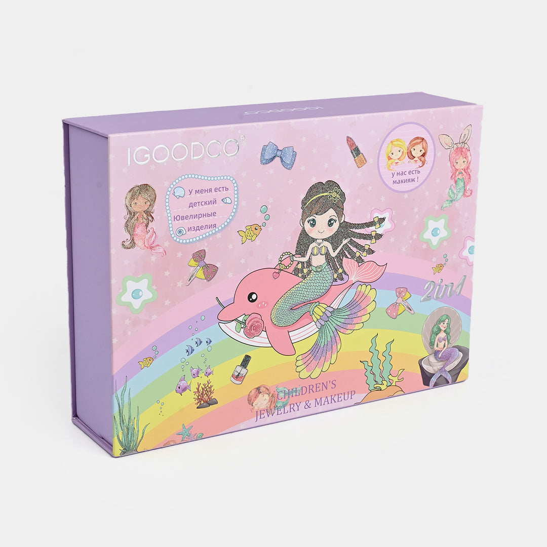 Kids Mermaid Makeup & Jewelry Box Set - 2-in-1 Pretend Play Beauty Kit for Girls with Non-Toxic Makeup & Accessories