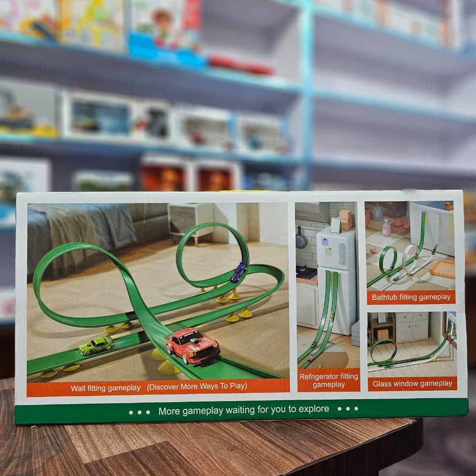 Stick-On Wall Racing Track Set – Flexible 360° Loop & Ramp System, Suction-Cup Car Tracks for Walls, Windows, Bathtubs & Fridges, Includes 2 Mini Cars | DIY Gravity Raceway Toy for Kids Ages 3+